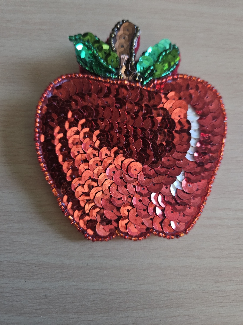Red Sequin Apple Brooch Pin with Green Leaves